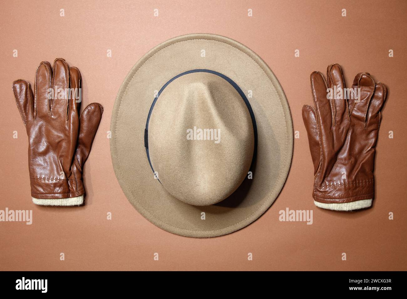 Ein fantastisches Studiofoto mit einem beigen Borsalino Hut und braunen Handschuhen, Blick von oben Stockfoto