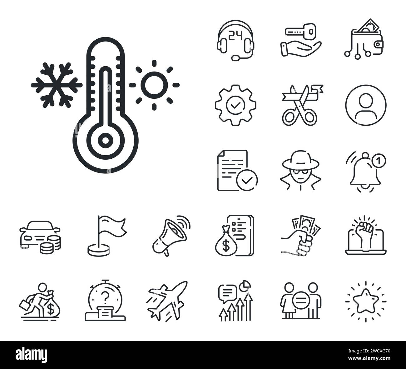 Symbol für Thermometerlinie. Schild für kalte und warme Thermostaten. Salaryman, Gleichstellung der Geschlechter und Alarmglocke. Vektor Stock Vektor