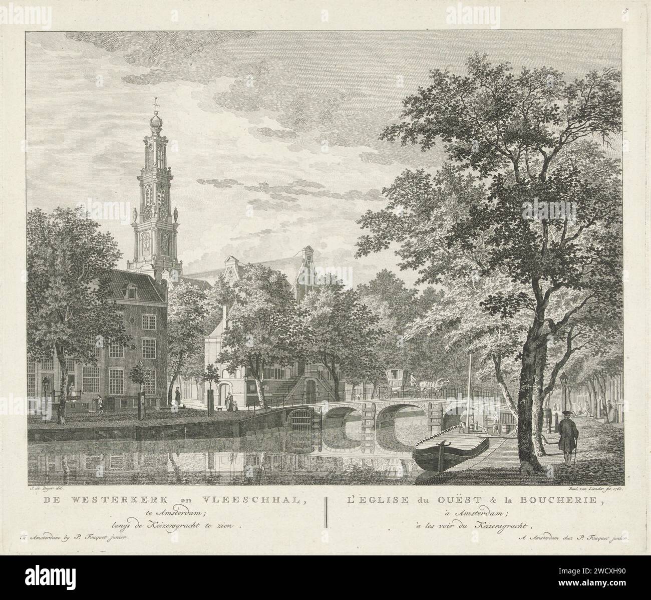 Blick auf die Westerkerk und Westerhal, von der Keizersgracht aus gesehen, Paulus van Liender, nach Jan de Beijer, 1760 - 1783 Print Blick auf die Westerkerk und das Westerhal (als Fleischhalle genutzt), von der Keizersgracht aus gesehen. Unter der Show der Titel in Niederländisch und Französisch. Rechts oben nummeriert: 5. Amsterdamer Kirche zum Ätzen/Gravieren von Papier (außen). Markthalle. Kanäle, Gewässer (in der Stadt). Brücke in der Stadt über Fluss, Kanal usw. (+ Stadt (-Landschaft) mit Zahlen, Personal). Wieghaus Westerkerk. Westerhal. Westermarkt. Keizersgracht Stockfoto