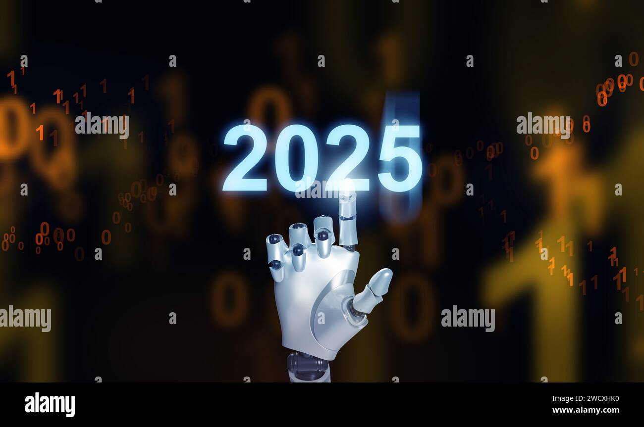 Frohes neues Jahr 2025. Künstliche Intelligenz, KI, Roboterhandabgriff auf das Jahr 2025, um 