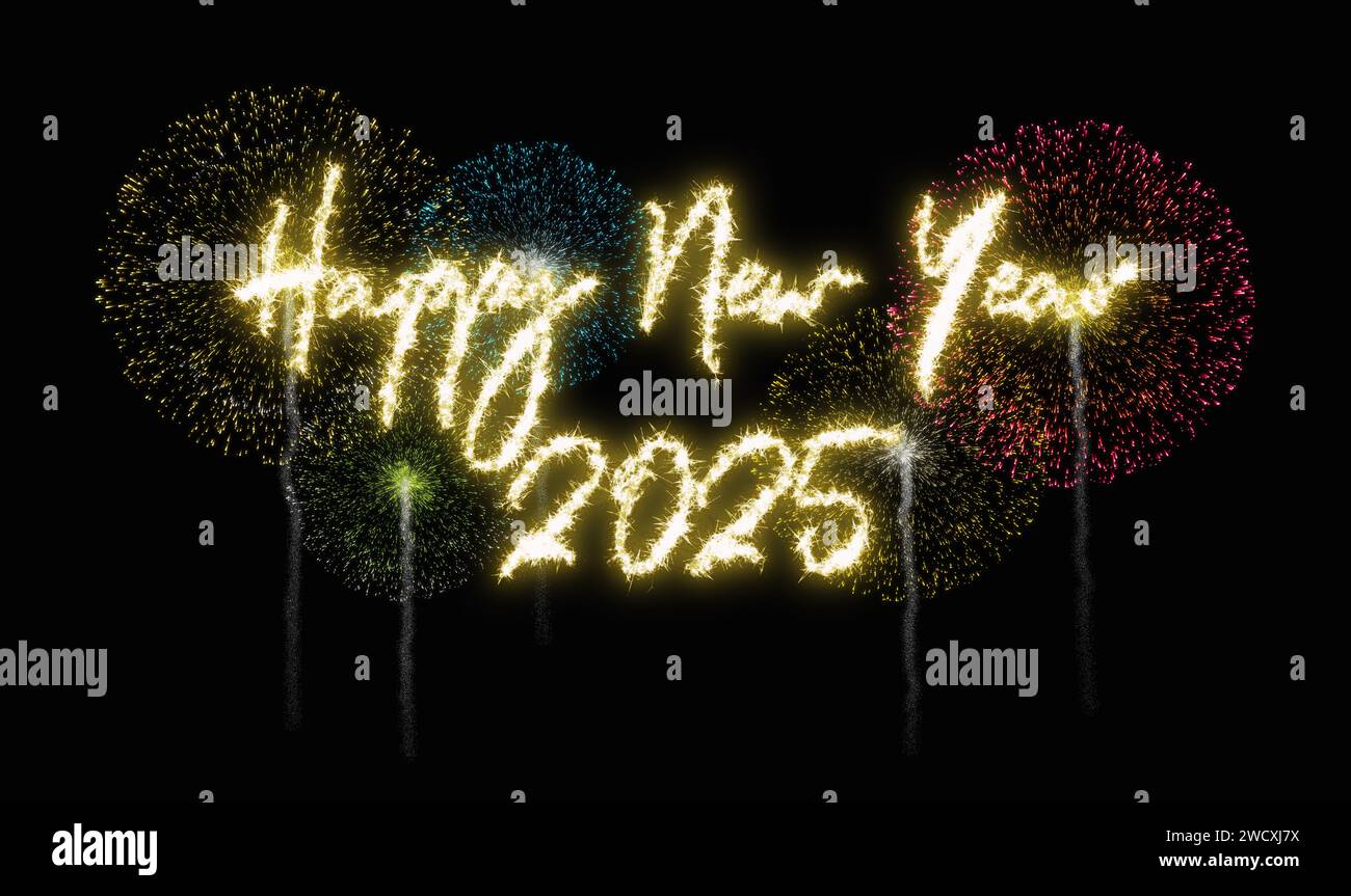 Frohes neues Jahr 2025. Blendender Text mit farbenfrohem Feuerwerk im Hintergrund, um die Ankunft des neuen Jahres mit Freude und Feiern zu feiern und zu begrüßen Stockfoto