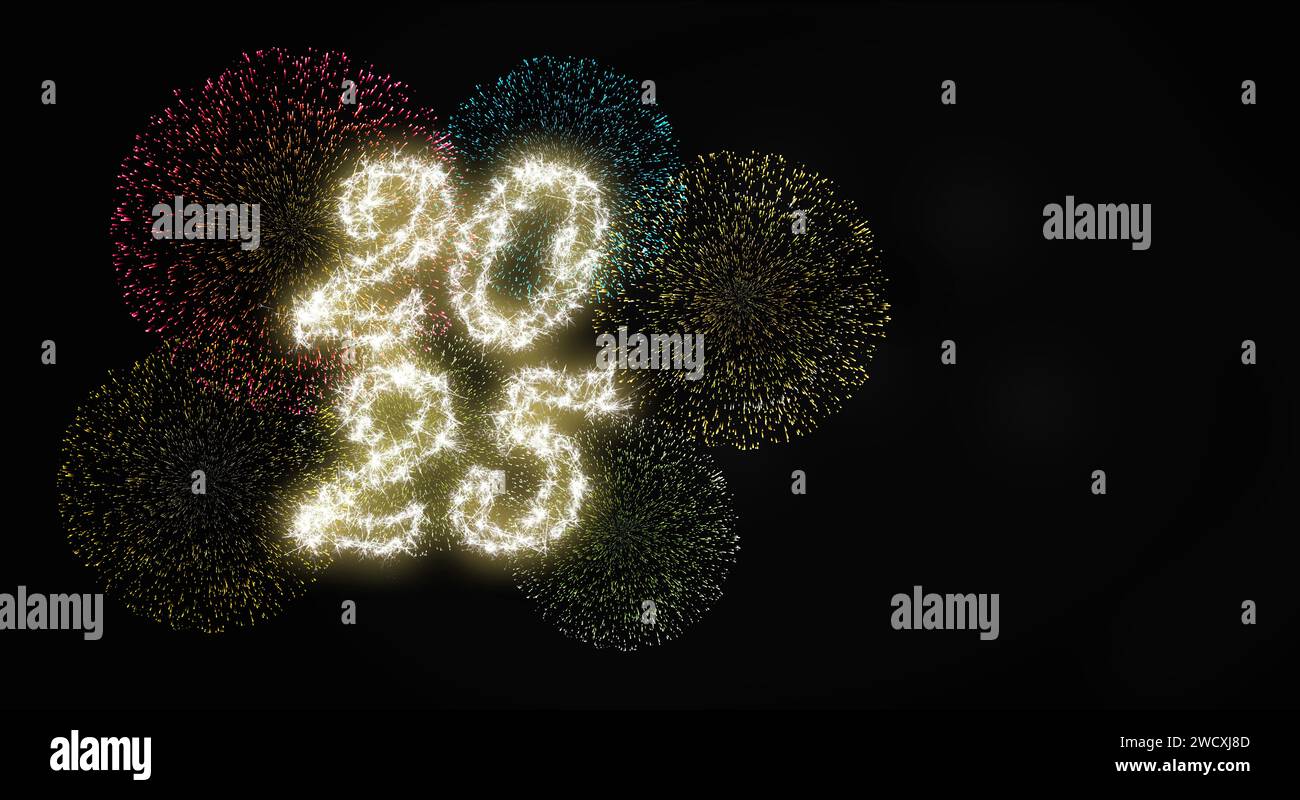 Frohes neues Jahr 2025. Blendender Text mit farbenfrohem Feuerwerk im Hintergrund, um die Ankunft des neuen Jahres mit Freude und Feiern zu feiern und zu begrüßen Stockfoto