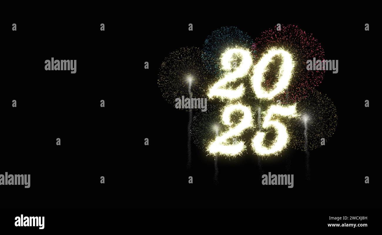 Frohes neues Jahr 2025. Blendender Text mit farbenfrohem Feuerwerk im Hintergrund, um die Ankunft des neuen Jahres mit Freude und Feiern zu feiern und zu begrüßen Stockfoto