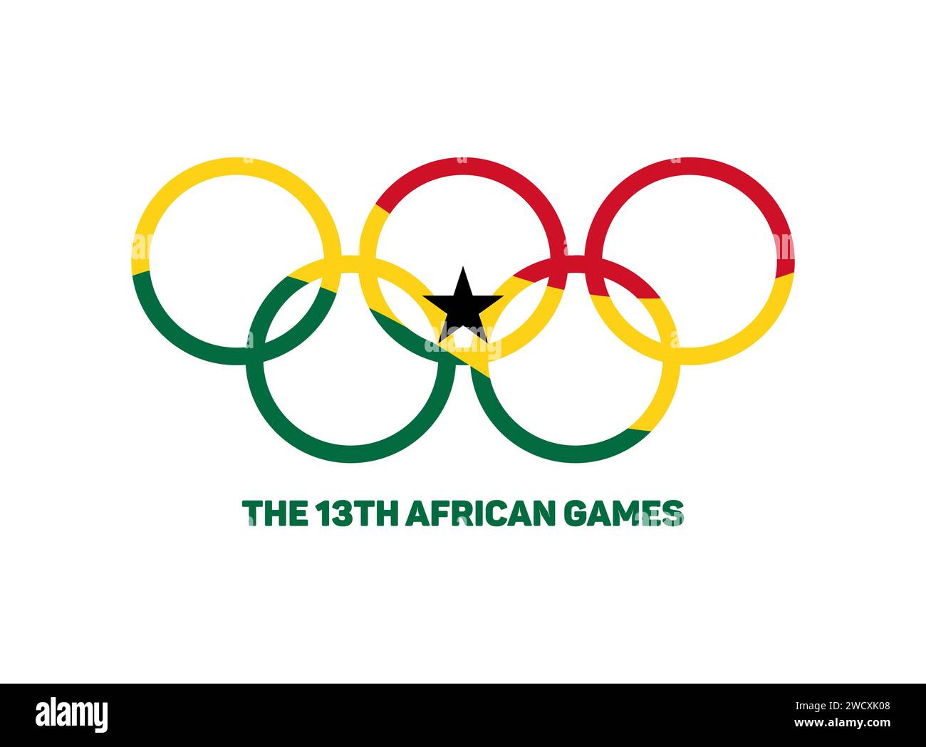 13 Afrikanische Spiele, ein kontinentales Multisport-Event. Flagge von Ghana, März 2024. Olympische Symbole, Emblem 5 miteinander verwobene Ringe. Stockfoto