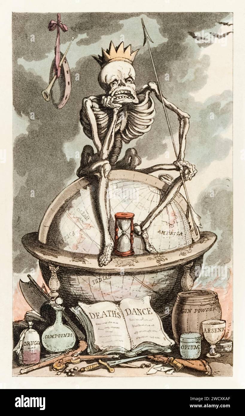 Frontbild „Death’s Dance“ aus Band 1 von „The English Dance of Death“ von William Combe, illustriert von Thomas Rowlandson, der einen eher gelangweilten Tod zeigt, saß auf einem Globus mit verschiedenen Instrumenten des Todes. Foto aus einer ersten Ausgabe von 1815. Kredit: Privatsammlung / AF Fotografie Stockfoto