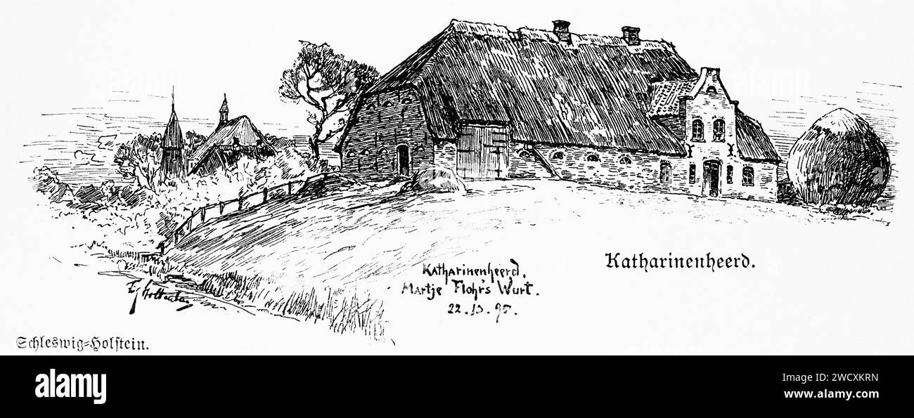 Reetgedecktes Bauernhaus im Dorf Katharinenheerd auf der Halbinsel Eiderstedt, Nordfriesland, Schleswig-Holstein, Norddeutschland, Mitteleuropa, Stockfoto