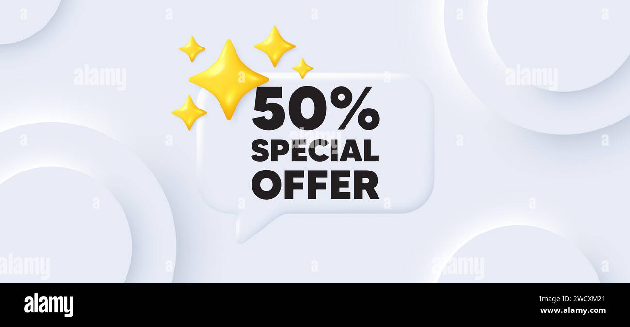 50 % Rabatt. Aktionsschild zum Verkaufspreis. Neumorpher Hintergrund. Vektor Stock Vektor