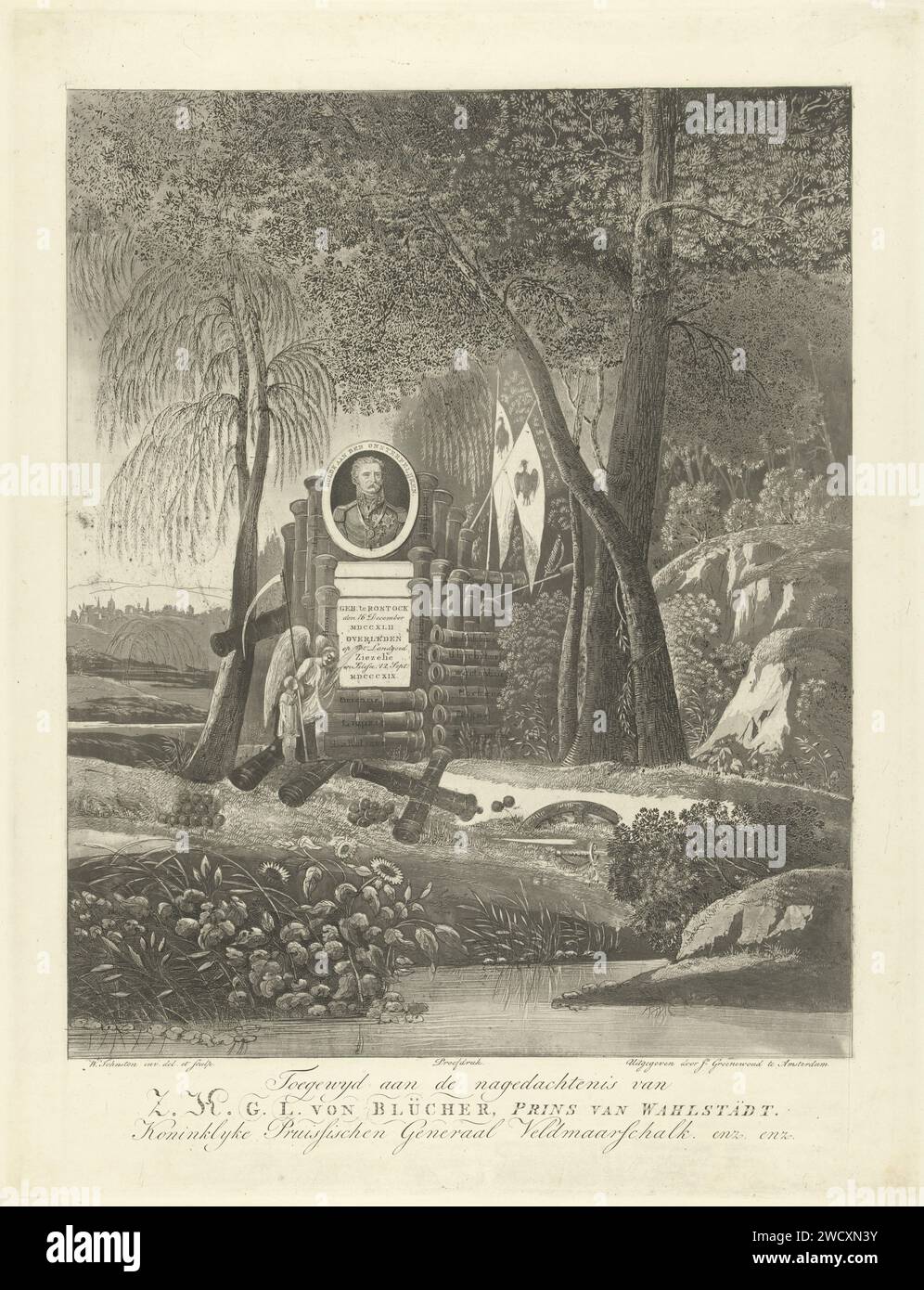 Denkmal ter nagedachtenis aan Gebhard Leberecht Blucher aus Wahlstatt, W. Johnston, in oder nach 1819–1900 Druck Landschaft mit einem Denkmal, bestehend aus Kanonen, auf dem das Porträt von Geberstecht von Blücher, Fürst von Wahlstatt. Dieser preußische General führte seine Armee 1815 gegen Napoleon Bonaparte in der Schlacht bei Waterloo an. Ein Engel zeigt ein Kind mit einer Sense auf einen Rahmen, auf dem das Geburts- und Sterbedatum der dargestellten Person steht. Am Rand eine Beschriftung auf Niederländisch. Amsterdamer Papier zum Graben, Grabmal und anderen Grabformen und Grabmarkierungen. Schutzwaffen (+ Artillerie). Landwirtschaftliche im Stockfoto