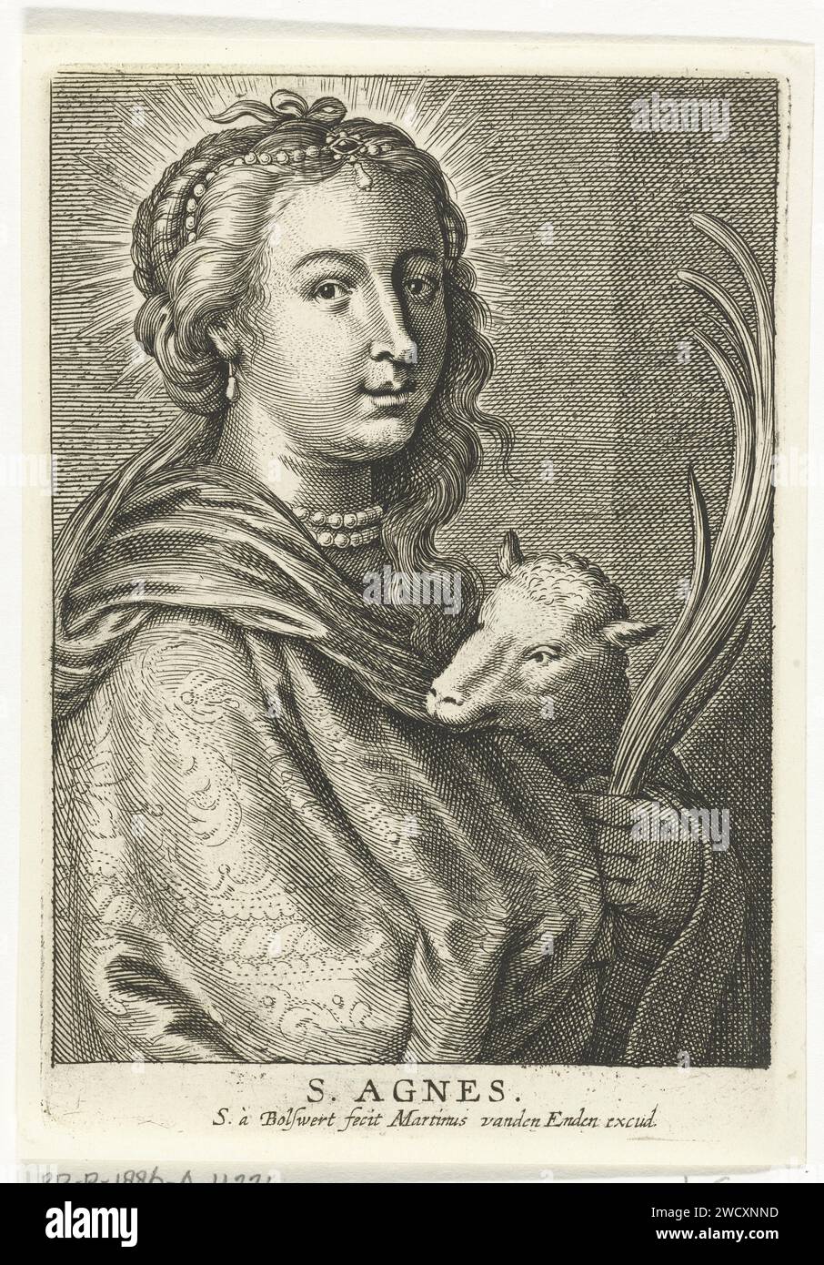 Heilige Agnes mit Lamm, Schelte Adamsz. Bolswert, nach Peter Paul Rubens, 1596 - 1659 Druckpapier mit Gravur des jungfräulichen Märtyrers Agnes von Rom; mögliche Attribute: Lamm, Ring Stockfoto
