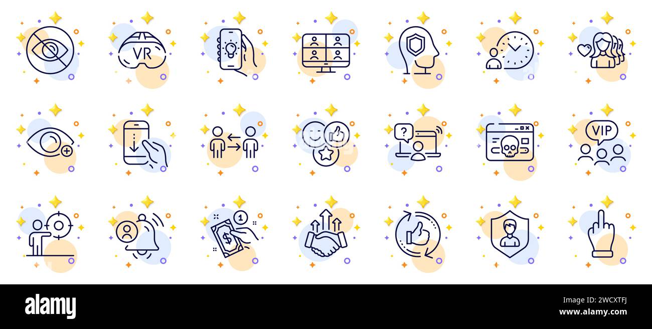 Übersicht über die Zahlungsmethode, die Benutzerbenachrichtigung und die Symbole für die VR-Zeile für die Web-App. Piktogramsymbol. Vektor Stock Vektor