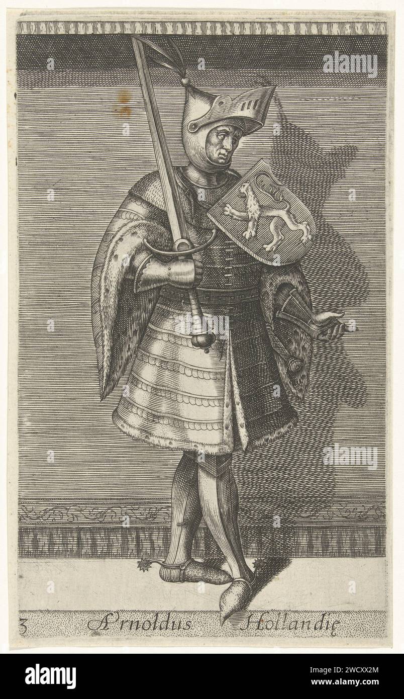 Porträt von Arnulf, Graf von Holland, Philips Galle (Werkstatt oder zugeschrieben), nach Willem Thibaut, 1578 Druck Arnulf, Graf von Holland, stehend, zurück. Er trägt ein Schwert in der rechten Hand. Auf seiner linken Schulter das Wappen Hollands. Der Druck dient als Illustration in einem Buch über die Geschichte der Grafen von Holland. Druckerei: Antwerpen Design von: Haarlemprinter: Antwerpen Papierstich Stockfoto