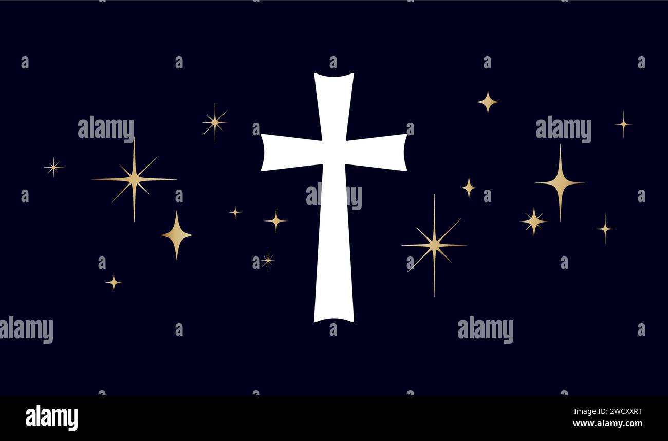 Christliches religiöses Kreuz. Symbol Religionskreuz auf dunklem Hintergrund, glänzende goldene Sterne. Weißes Gebetskreuz, religiöses Symbol, goldene Sterne, schwarzer christlicher glaube. Vektorabbildung Stock Vektor