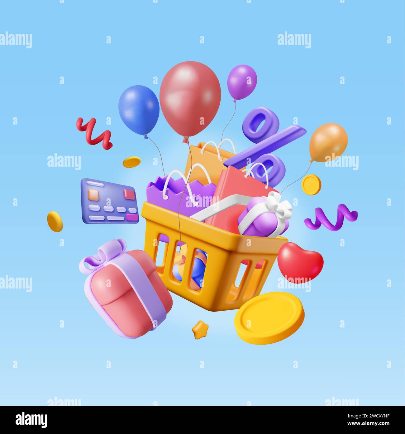 3D-Einkaufskorb aus Kunststoff mit Geschenkboxen und Tasche Stock Vektor