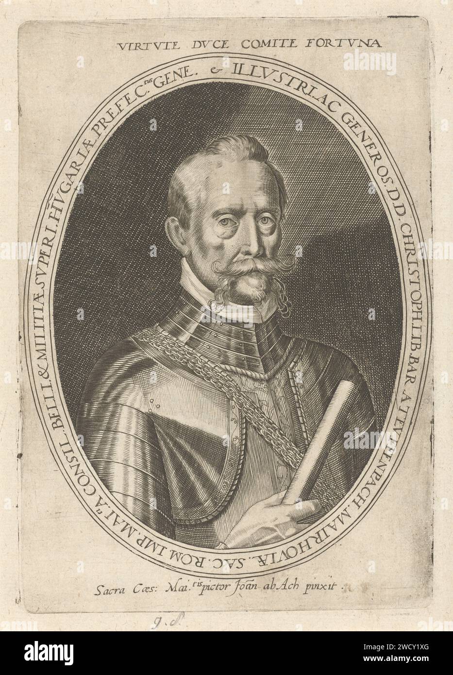 PortraT van Christopher von Tiefenbach, Anonym, nach Johann Sadeler (I), nach Hans von Aachen, um 1593 - 1643 Druck Christopher van Tiefenbach, Freiheit von Tiefenbach-Mayhofen und Befehlshaber der kaiserlichen Armee während des Krieges gegen die Osmanen. Büste nach rechts, in Rüstung, mit dem Stab in der rechten Hand. Hochformat in Oval mit Kantenschrift. Papiergravurstab des General. Rüstung Stockfoto