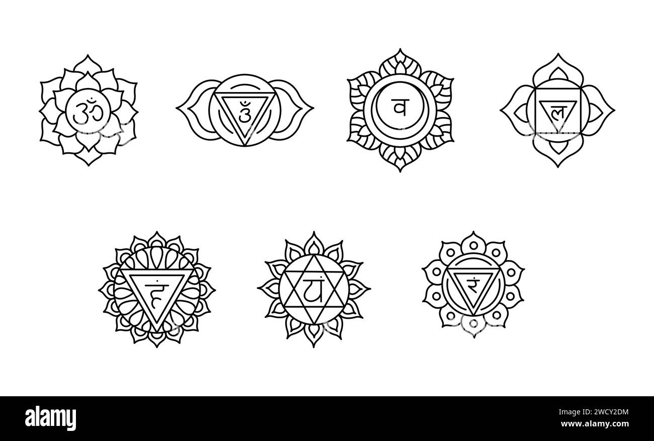 Chakras Set: Muladhara, Swadhisthana, Manipura, anahata, Vishuddha, ajna, Sahasrara. Isolierte Vektorillustration auf farbigem Hintergrund. Stock Vektor