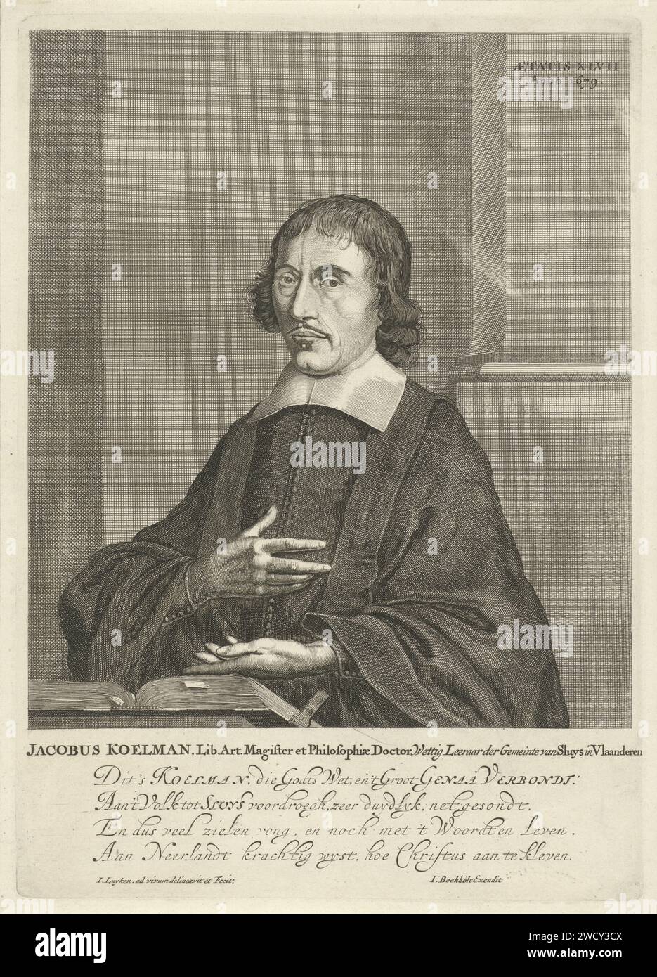 Porträt von Jacobus Koelman, Jan Luyken, 1679–1712 Print Jacobus Koelman, Doktor der Philosophie und reformierter Pfarrer in Sluis. Amsterdamer Papierätzung/Gravur Stockfoto