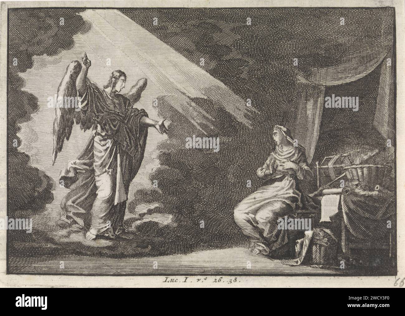 Verkündigung, Jan Luyken, 1703 - 1762 Print Maker: Haarlem Verlag: Amsterdam Papier Ätzen die Verkündigung: Maria, die normalerweise liest, wird vom Engel besucht (manchmal hört eine Frau das Gespräch) Stockfoto