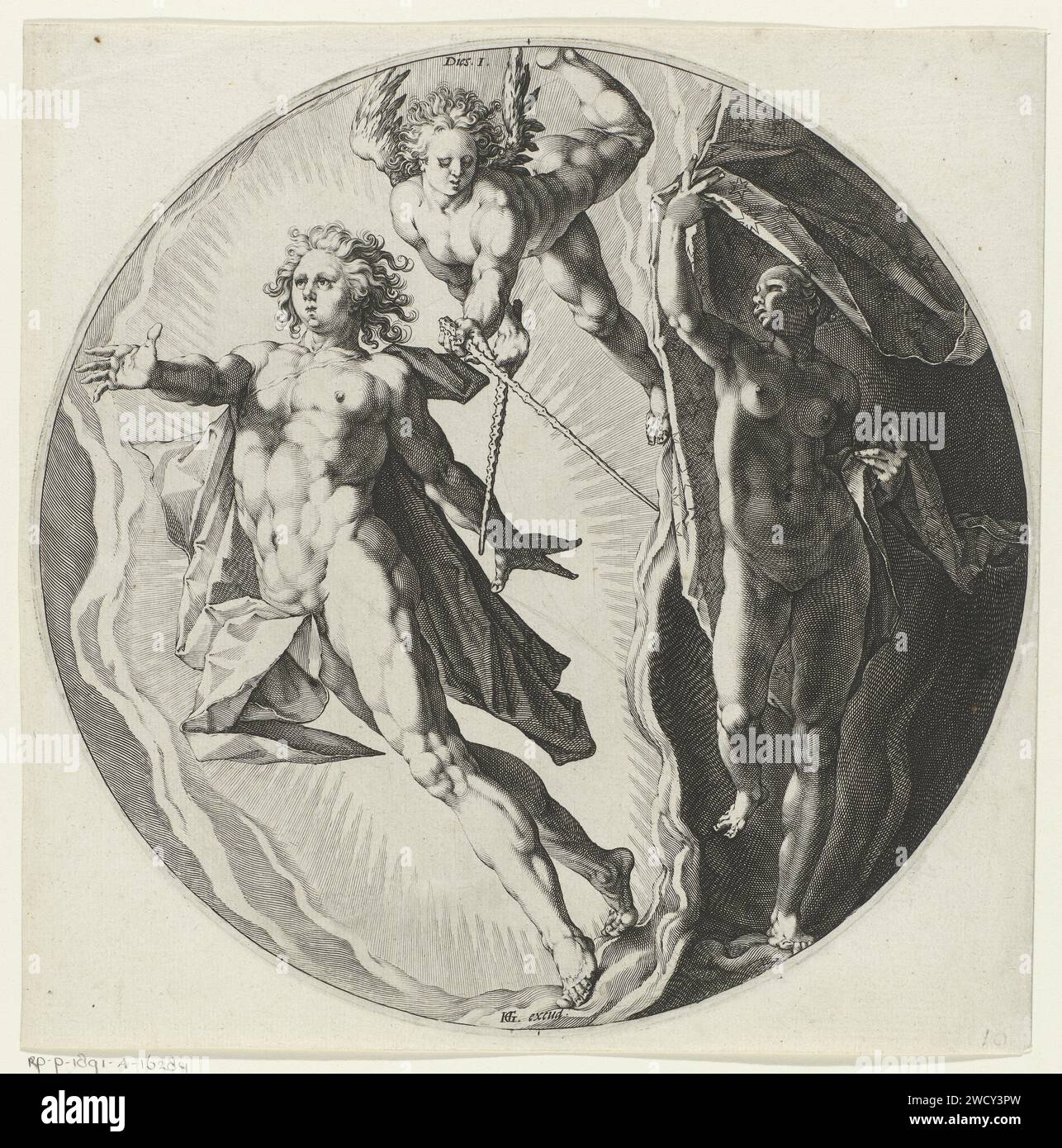 Erster Tag der Schöpfung: Trennung von Licht und Dunkelheit, Jan Harmensz. Müller, nach Hendrick Goltzius, 1589 drucken der erste Tag der Schöpfung: Ein Engel trennt das Licht vom Dunkeln und Tag der Nacht. Das Licht wird als nackter weißer junger Mann in Stralenkrans dargestellt, das Dunkel als nackte schwarze Frau mit Sternenmantel. Zum Bibeltext in 1:3-5. Druckerei: Amsterdampublisher: Haarlem Papierstich Trennung von Licht und Dunkelheit Stockfoto