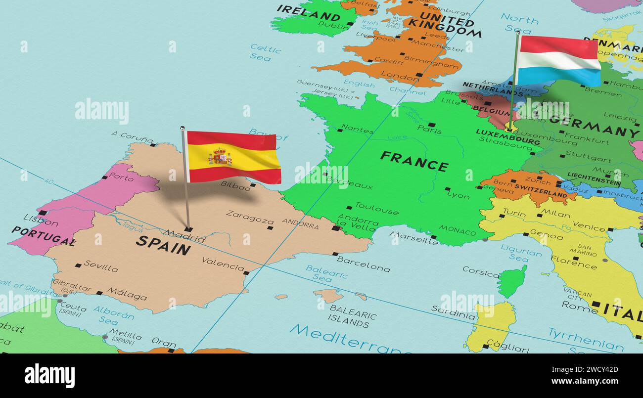 Spanien und Luxemburg - Markierungen auf politischer Karte anbringen - 3D-Illustration Stockfoto