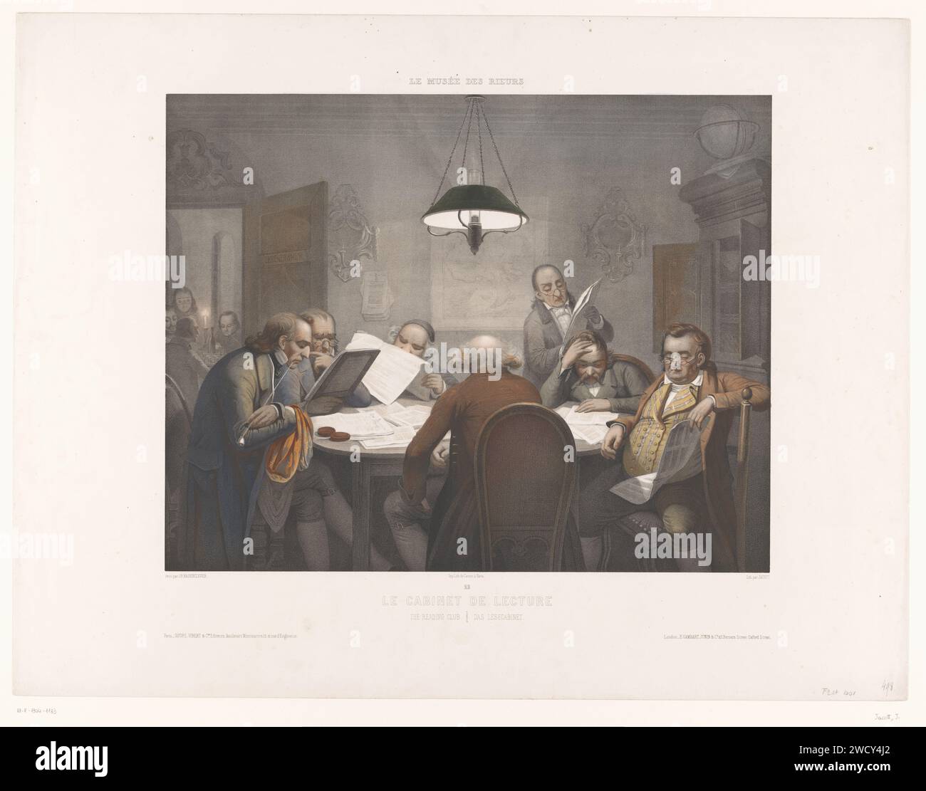 Leseschrank mit Lesern an einem runden Tisch, Jean-Julien Jacott, nach Johann Peter Hasenkerver, 1847 - 1851 Druckleseschrank: In einem Raum ein runder Tisch, warum eine Gruppe von Männerzeitungen beim Licht einer Lampe in der Mitte des Tisches liest. Der Linke raucht eine lange Pfeife. Wenn man eine offene Tür sieht, bei der ein Kerzenlicht Schach ist. Drucker: Parispublisher: Parispublisher: London Paper Reading. club, Treffpunkt. Freizeitangebot im Innenbereich Stockfoto
