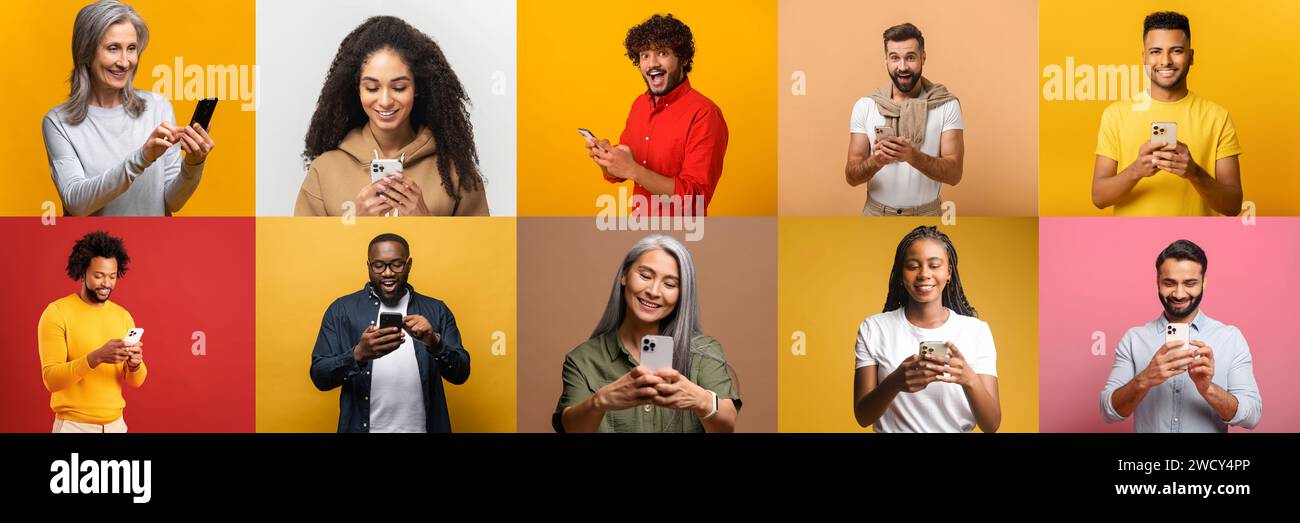 Collage von Individuen verschiedener ethnischer Herkunft, die jeweils mit Smartphones interagieren und verschiedene Ausdrucksformen von Freude und Freude zeigen, möglicherweise um Konnektivität und Unterhaltung von Smartphones zu repräsentieren Stockfoto