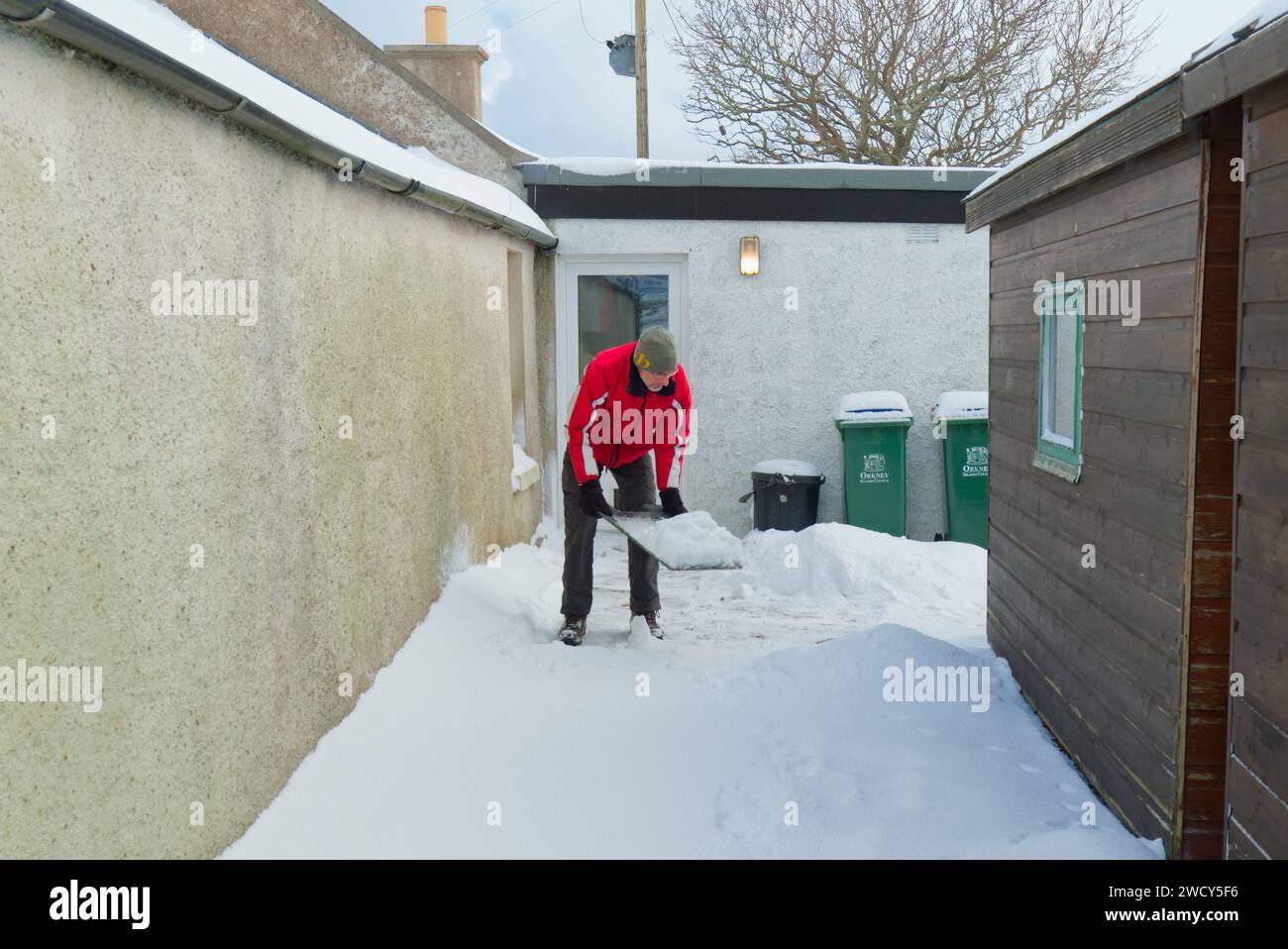 Schneeräumung vom Weg hinter dem Haus, Orkney, Januar 2024 Stockfoto