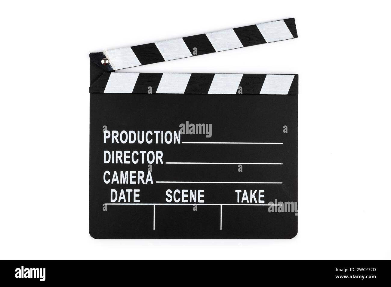 Film-Klappe auf weißem Hintergrund Stockfoto