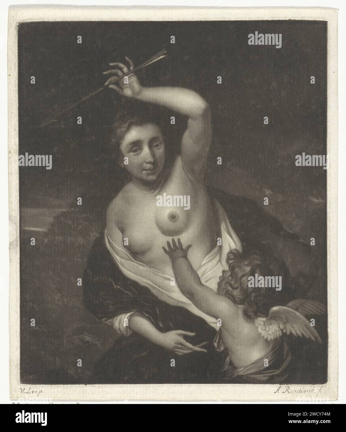 Venus entzieht Cupido einen Pfeil, Arnout Rentinck, nach Carle van Loo, 1722–1775 Druck Amsterdamer Papier Venus und Cupid (Cupid ist nicht bloßes Attribut). archers Waffen: Pfeil Stockfoto