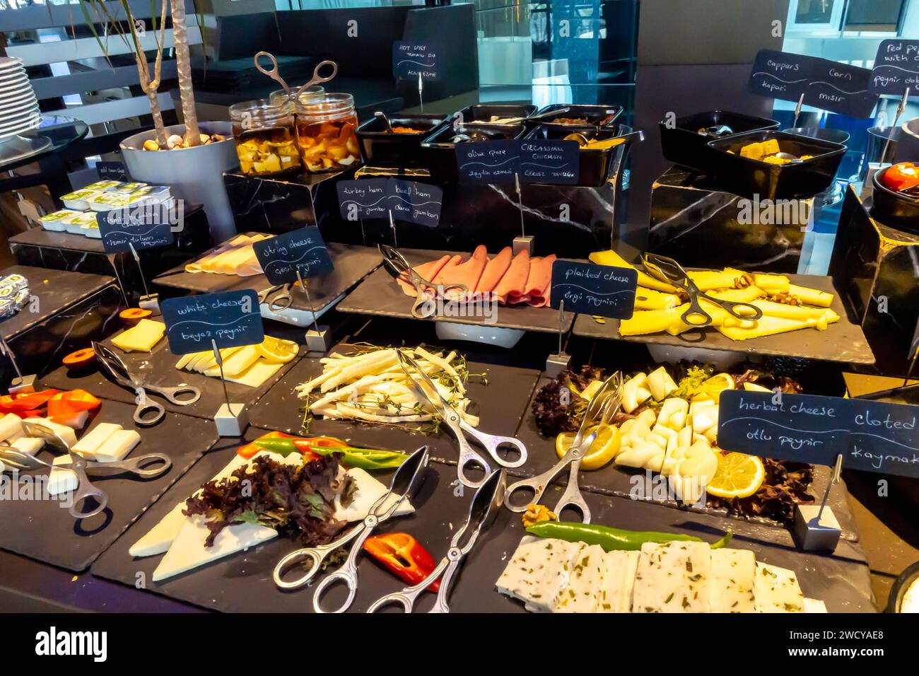 Verschiedene Käsesorten, türkisches Frühstück im Renaissance Izmir Hotel Stockfoto