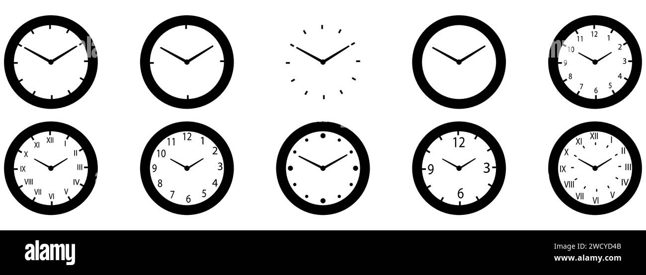 Verschiedene Ausführungen mechanischer, analoger Uhrenscheiben, einschließlich Standard- und römischer Ziffern. Isoliert auf weißem Hintergrund Stock Vektor