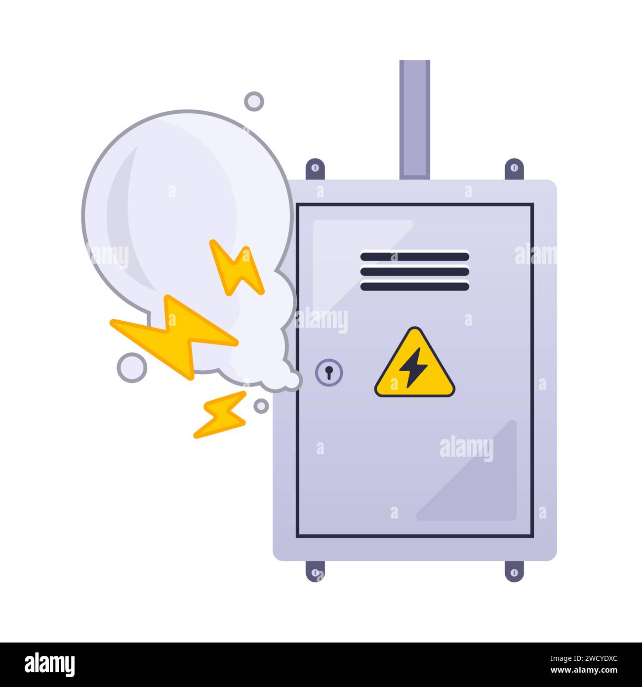 Rauch in der elektrischen Schalttafel. Elektrischer Kurzschluss. Illustration des flachen Vektors. Stock Vektor