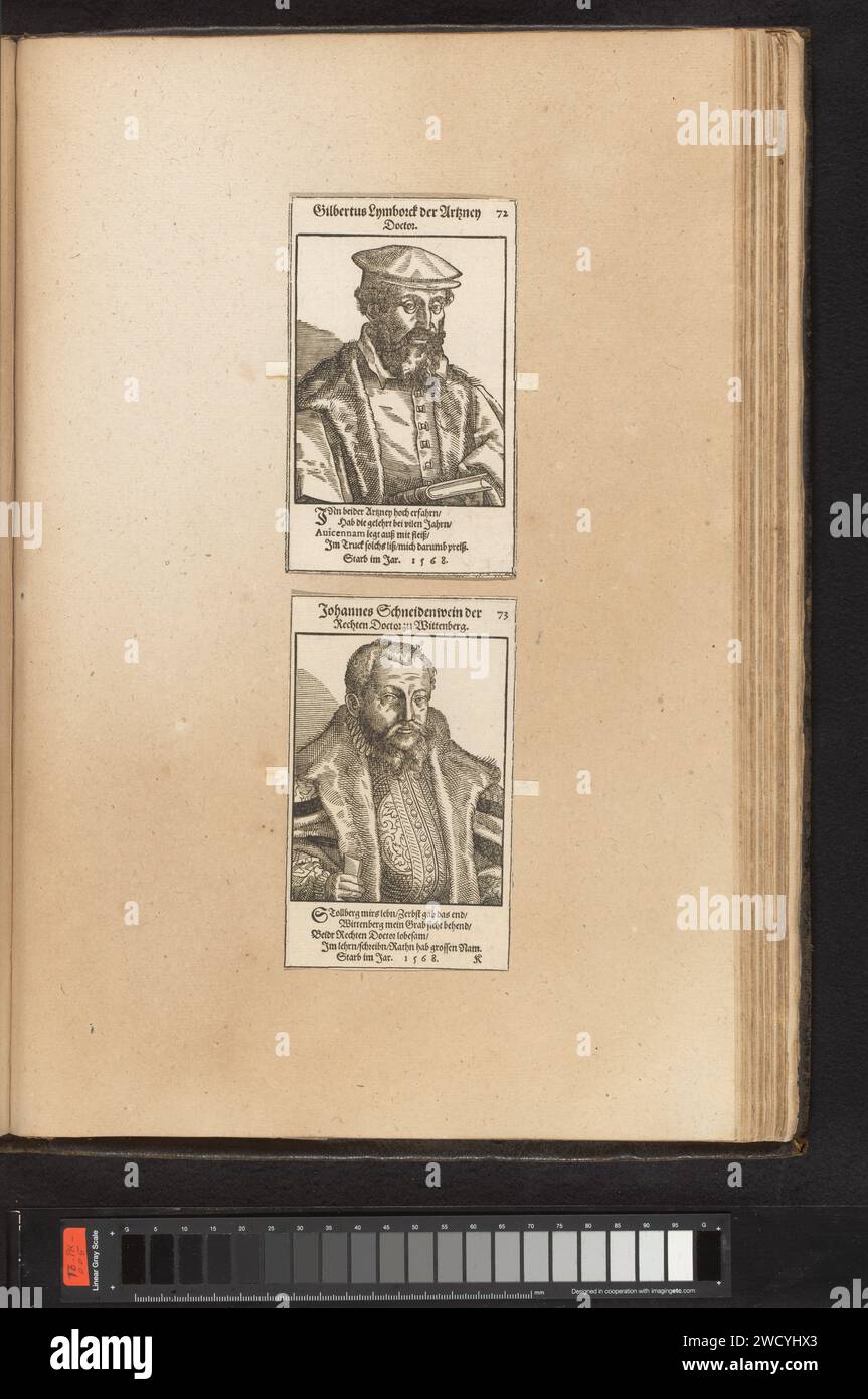 Porträt von Wilhelm Fabry von Hilden im Alter von 43 Jahren, anonym, 1603 Druck Text in lateinischer Sprache am unteren Rand. Drucken ist Teil eines Albums. Buchdruckpapier historischer Personen. (Menschlicher) Schädel. Arzt, Arzt (+ Porträt des Gelehrten, Wissenschaftlers) Stockfoto