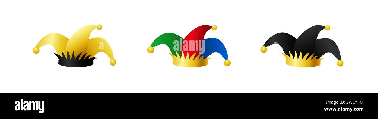 Clownnarrenhüte Set. Karnevalsfarbener Harlekin-Kopfschmuck Stock Vektor