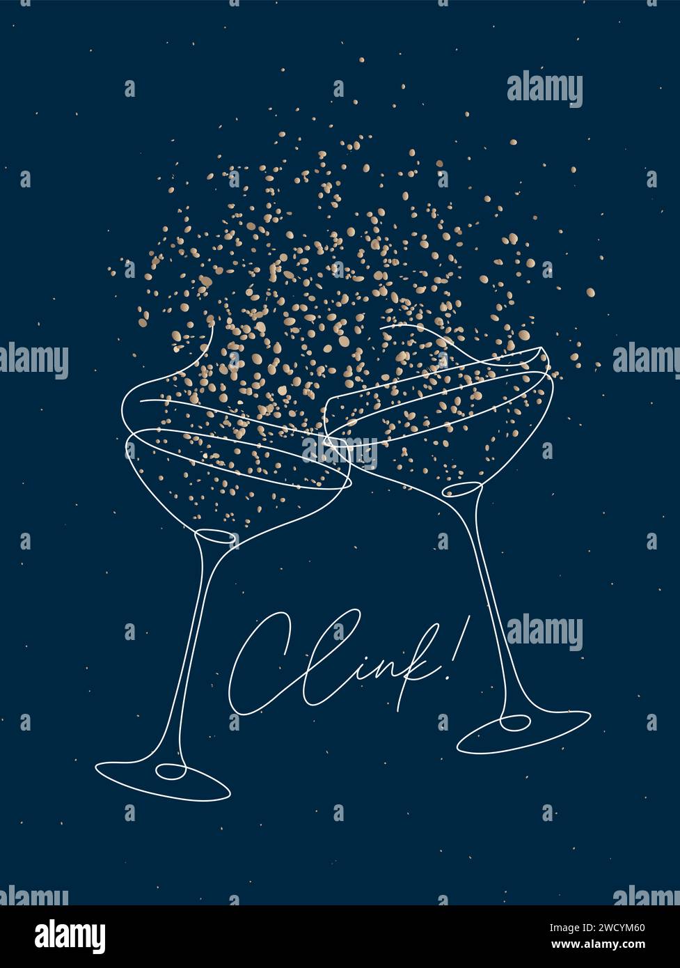 Klirren Sie ein Glas Champagner mit Splash-Zeichnung im Stiftenstil auf blauem Hintergrund Stock Vektor