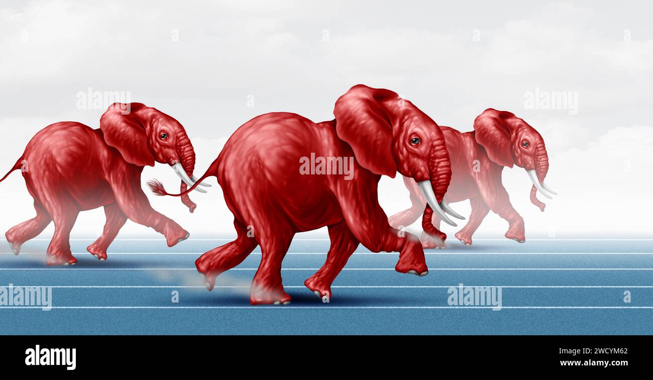 Das republikanische Konzept der politischen Rasse der USA als Elefanten-Symbol, das bei einem Wettbewerb oder bei einer Wahl der Führung als amerikanisches politisches Nomen Kopf an Kopf läuft Stockfoto