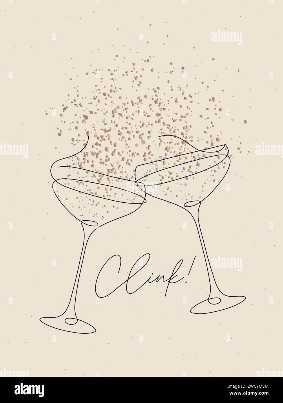 Klirren Sie ein Glas Champagner mit Splash-Zeichnung im Stiftsstil auf beigefarbenem Hintergrund Stock Vektor