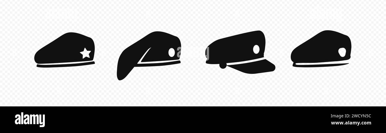 Symbol für militärische Kopfbedeckungen. Mützen und schwarze Baskenmützen von Soldaten und Offizieren Stock Vektor
