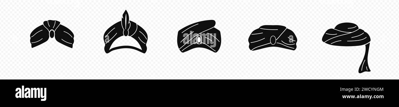 Schwarze orientalische Turbanskizze. Kopfschmuck aus traditionellem indischem und arabischem Stoff Stock Vektor