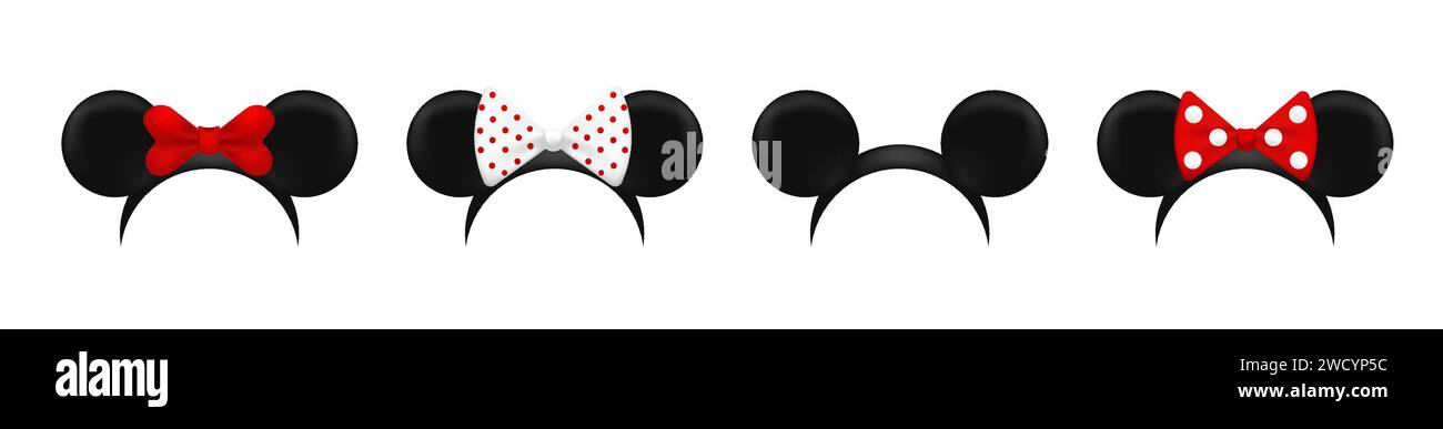 Mäuse-Ohren-Maskenvorlage. Schwarze, süße Hüte mit roten Schleifen Stock Vektor