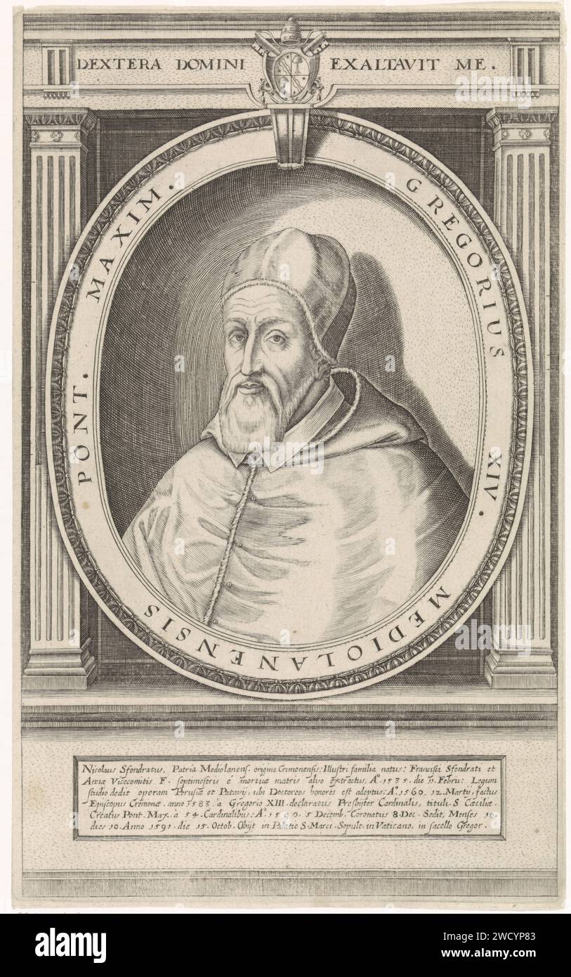 Porträt von Papst Gregorius XIV., Friedrich van Hulsen, 1590 – 1665 Porträt von Papst Gregorius XIV. Im päpstlichen Gewand gekleidet, der Kopf mit einem Camauro verziert. Bust nach links in einer ovalen Liste mit Kanten. Seine päpstliche Waffe ist über einer lateinischen Textzeile und in der Mitte dargestellt. Sechs lateinische Textregeln unter dem Porträt. Deutschland Papiergravur Stockfoto