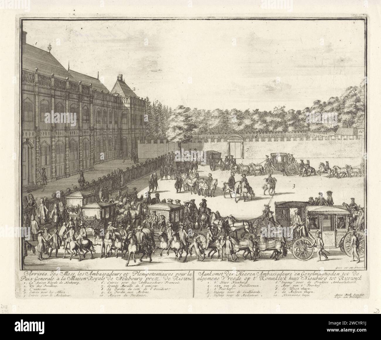 Ankunft der Botschafter im Königlichen Palast in Rijswijk, 1697, Adriaen Schoonebeek, 1697 Drucken Ankunft der Wagen mit den Botschaftern im Ter Nieuburch-Haus in Rijswijk für die Friedensverhandlungen, 20. Mai 1697. In der Überschrift titels and Legends 1-10 auf Französisch und Niederländisch. Ein Teil der Serie von 15 Drucken über das Ter Nieuburch-Haus in Rijswijk und die dort geführten Friedensverhandlungen, die zum Frieden von Rijswijk führten, wurde am 20. September 1697 geschlossen. Druckerei: Northern Netherlandspublisher: Die Haager Papierätzung wird willkommen  Reisen. Ankunft und Rückfahrt  Reise Hous Stockfoto