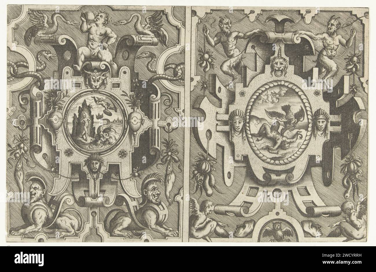 Zwei Kartuschen mit mythologischen Darstellungen, Pieter van der Heyden, nach Jacob Floris, 1566 drucken zwei Kartuschen auf einem Blatt. Die Cartouche auf der linken Seite zeigt die Befreiung von Andromeda durch Perseus, die Kartusche auf der rechten Seite zeigt, wie die Prometheus-Leber von einem Adler geerntet wird. Schattierter Hintergrund. Blatt aus Serie bestehend aus einer Titelseite und 15 der 16 Zeitschriften mit Kartuschen mit biblischen und mythologischen Darstellungen in einem Rahmen aus Rollen und Grotesken. Niederlande (möglicherweise) Papierstich (Geschichte von) Prometheus Stockfoto