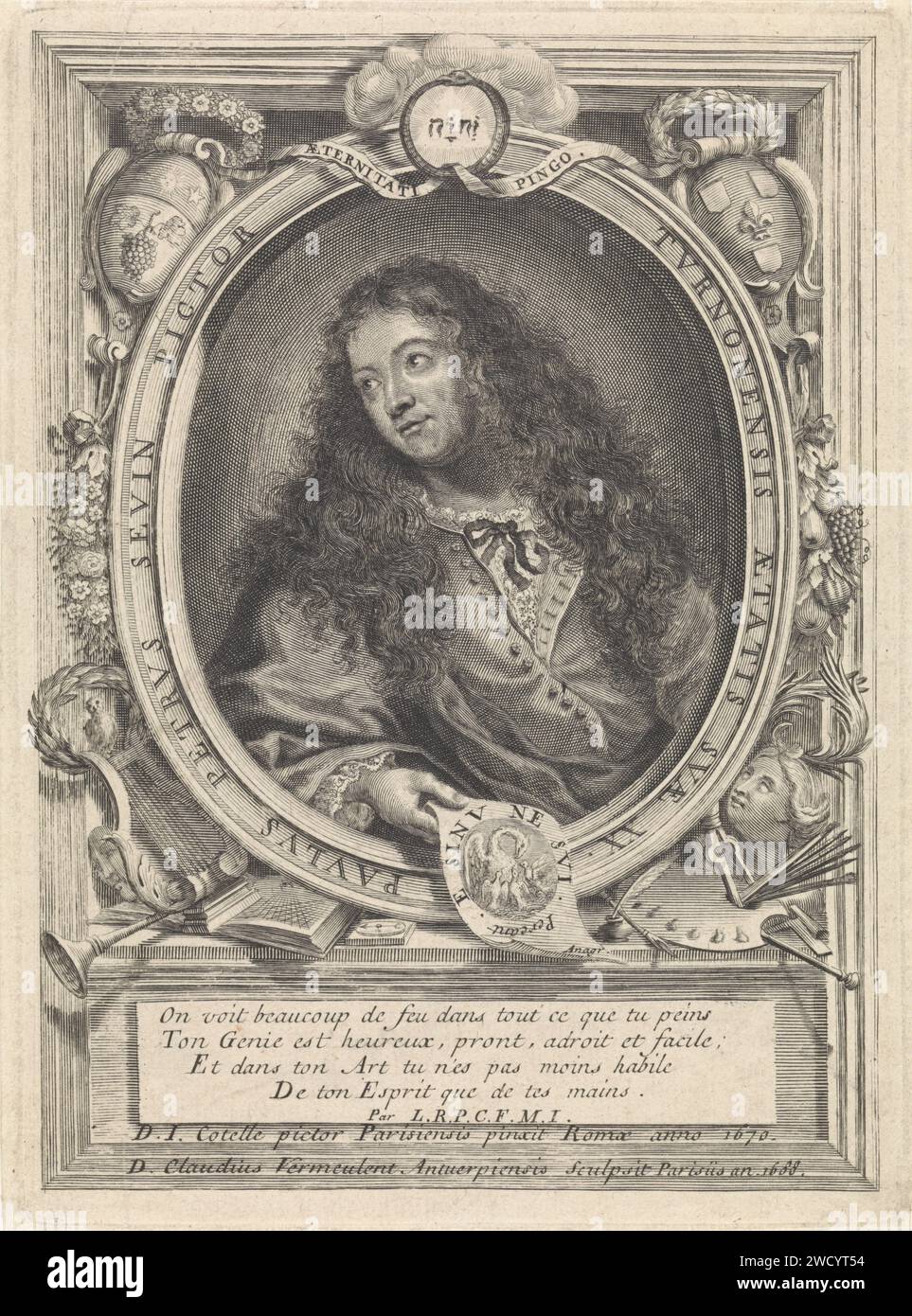 Porträt des Malers Petrus Paulus Sevin van Tours, Claudius Vermeulen, nach Jean Cotelle (I), 1688 Druck des Malers Petrus Paulus Sevin van Tours, mit Attributen der Malerei und Musik. Büste mit langen hängenden Haaren (oder Perücke), ein Papier mit Bildern eines Pelikans in der rechten Hand. Das Oval ist umgeben von einem Wechsel und verschiedenen Emblemen der Musik und Malerei. Paris Papiergravur Porträt, Selbstporträt des Malers. Frisuren Stockfoto