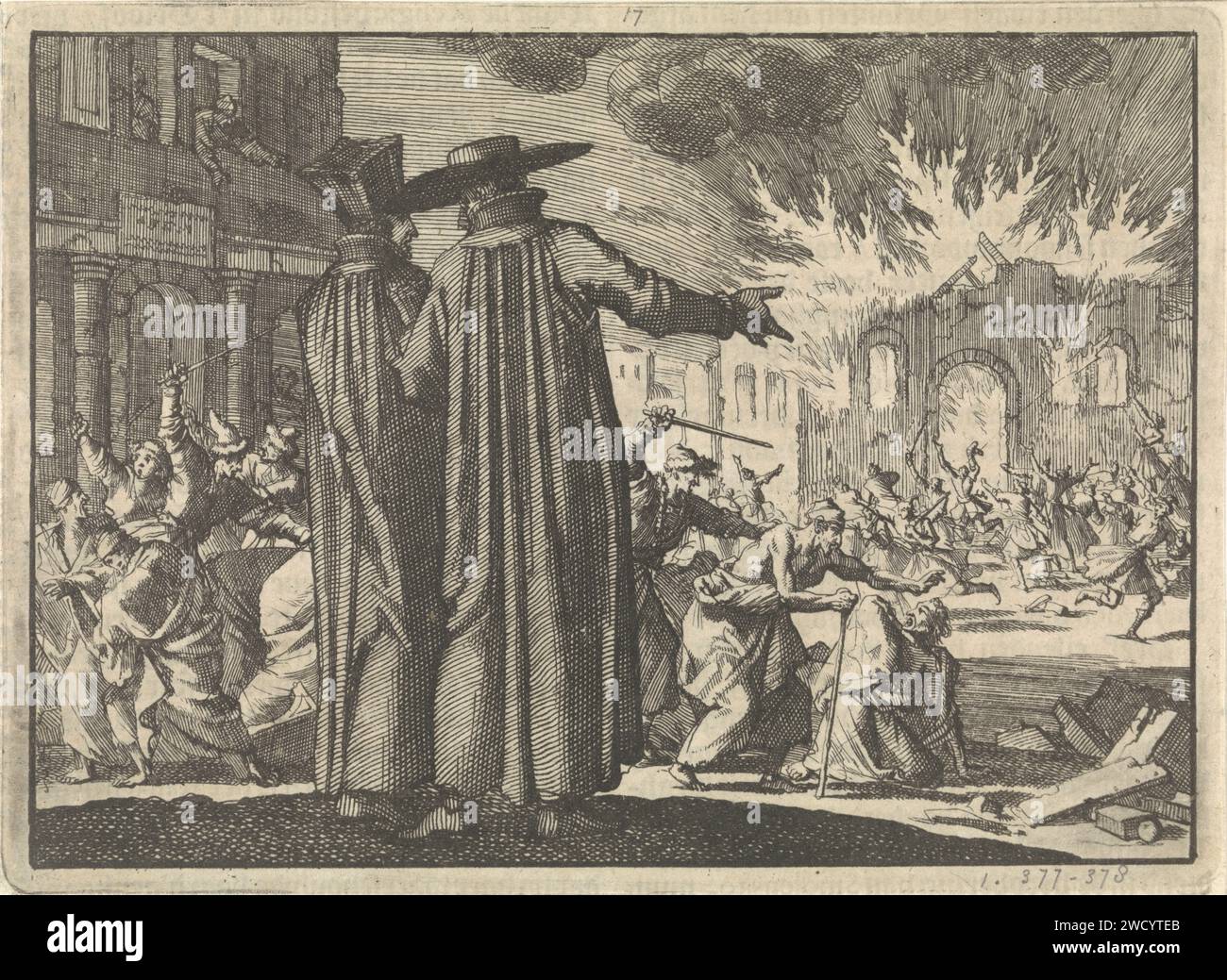 Verfolgung von Protestanten in Krakau mit zwei Jesuiten im Vordergrund, 1606, Jan Luyken, 1698 Druckerei: Amsterdampublisher: Leiden Papierätzung / Buchdruck Verfolgung von Ketzern. Massaker  war Wicker Stockfoto