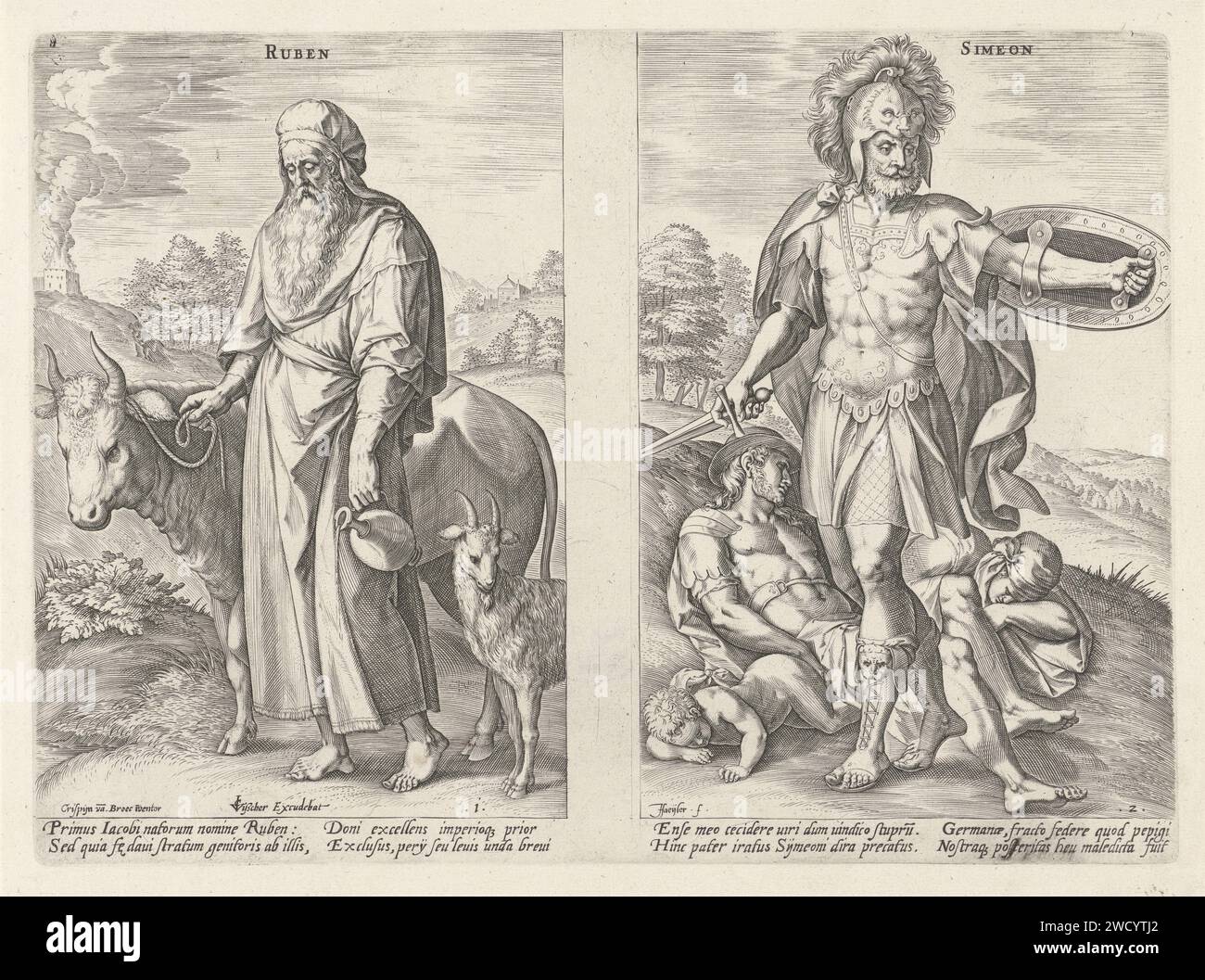 Die Familienväter Ruben und Simeon, Johann Sadeler (I), nach Chrispijn van den Broeck, drucken 1639 links den Vorfahren Ruben, den ältesten Sohn Jakobs, in einer Landschaft mit einer Kuh und einer Ziege neben ihm. Eine Kanne in seiner linken Hand. Rechts der Vorfahre Simeon, der zweite Sohn Jakobs, in Rüstung in einer Landschaft. Hinter ihm befinden sich die Leichen von drei Sichemiten, die Simeon zusammen mit Levi getötet hatte, als Rache für die Onteren ihrer Schwester Dina. Jedes Bild hat eine lateinische Unterschrift und die Zeitschrift enthält den ersten und zweiten Druck einer Serie mit den zwölf Stammesvätern Israels als Untertan Stockfoto