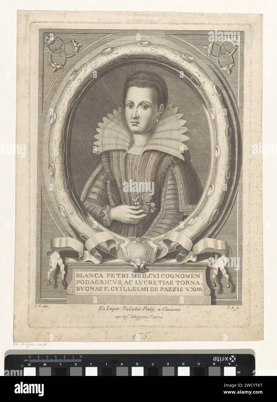 Portret Van Bianca de 'Medici, Francesco Allegrini, nach Giuseppe Zocchi, 1739 - 1773 Druck Porträt der Bianca de 'Medici in ovaler Liste mit leerer Kartusche. Eine Blume in ihrer rechten Hand. Unter dem Porträt ein Rahmen mit seinem Namen. Druckerei: Italien Zeichnung von: Italien Verlag: Florenz Papierstich historische Personen - BB - Frau Stockfoto