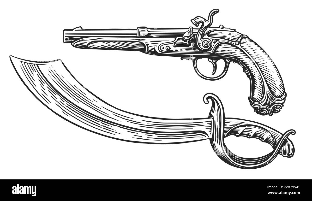 Alte Pistole und Säbel von Piraten. Alte Muskete oder Pistole, Schwertzeichnung. Handgezeichnete Vektorgrafik Stock Vektor