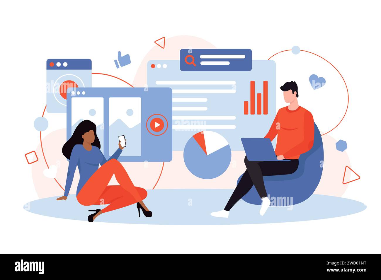 Online-Suche nach Webinhalten und Studieninformationen. Winzige Leute mit Laptop und Handy surfen im Internet, Mann und Frau Benutzer arbeiten mit Browserfenstern und Dienstleistungen Cartoon Vektor Illustration Stock Vektor