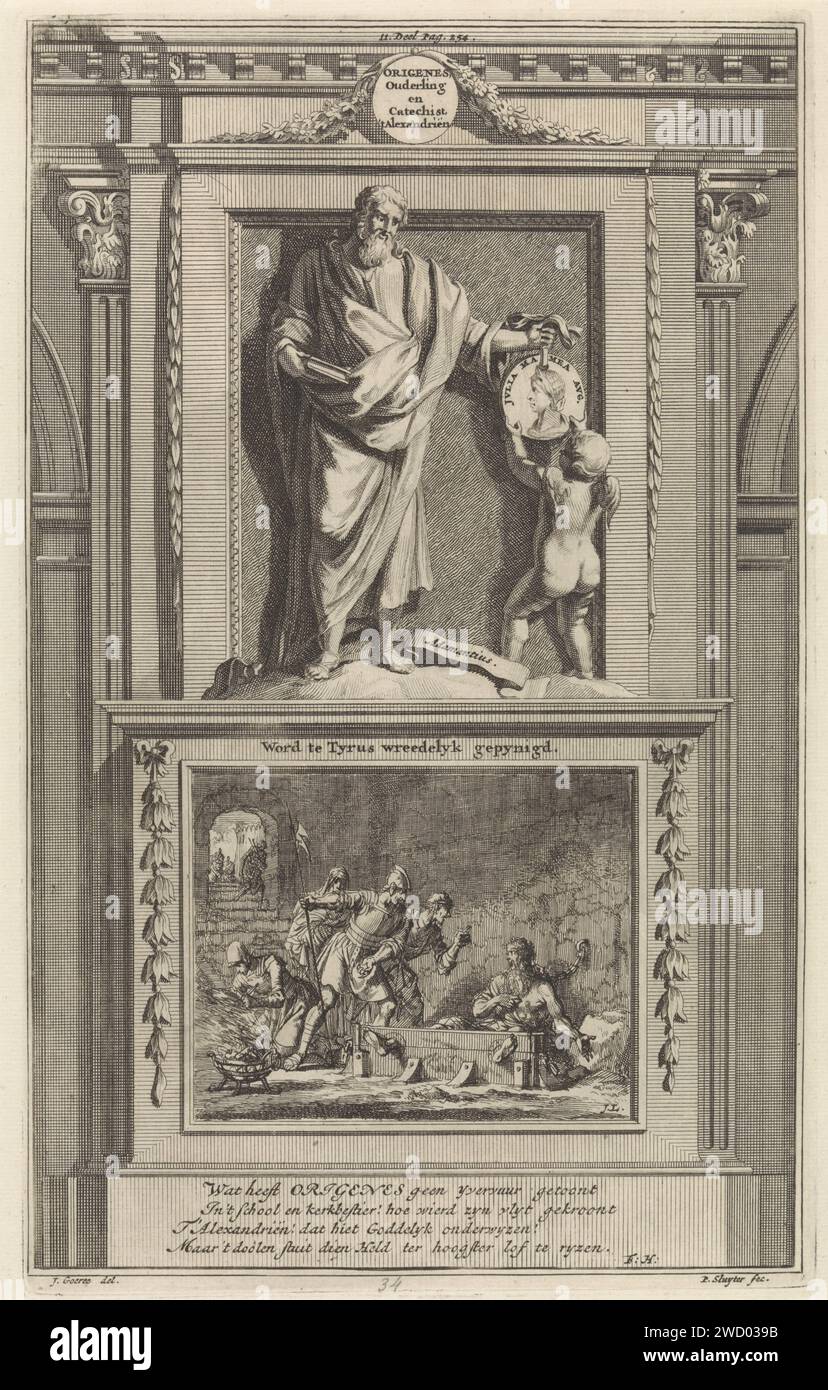 Kirchenvater Origenes, Jan Luyken, nach Jan Goeree, 1698 Druck der Kirchenvater Origenes zeigt einem Engel ein Porträtmedaillon. Origenes ist auf einem Sockel, auf dem Foltertod auf der Vorderseite dargestellt wurde. Druck in der Mitte: II Anteil S. 254. Amsterdam Papierätzung / Gravur Gefängnis, Gefängnis. Folter-, Hinrichtungs- oder Strafvollstreckungsinstrumente Stockfoto