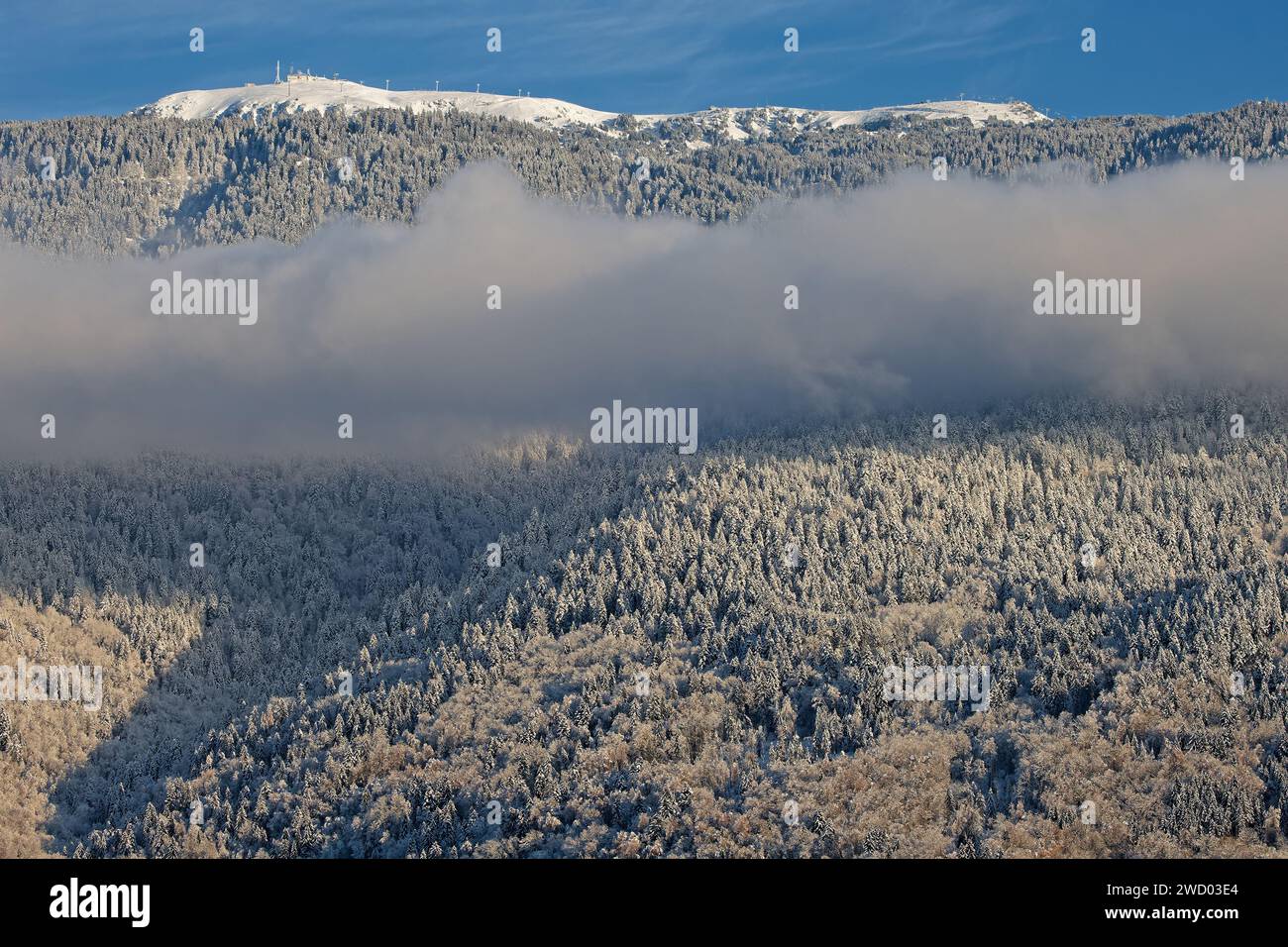 Wolken an den Hängen von Chamrousse, einem berühmten Bergort der französischen alpen Stockfoto
